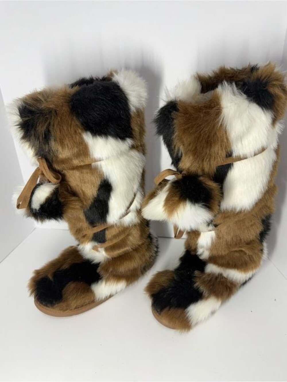 Fuzzy Camo Patchwork Tall Faux Fur Winter/snow Boots Brown Black White Size 7